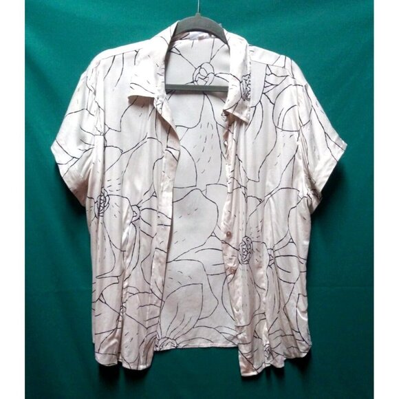 Chico's top Sz 3 Silk blend stretch button up beige floral short sleeve collared - Picture 1 of 6